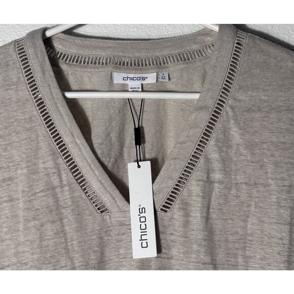 New Chico's Ladder Lace Detail Linen Smokey Taupe Blouse Sz 4 XXL - Picture 2 of 5